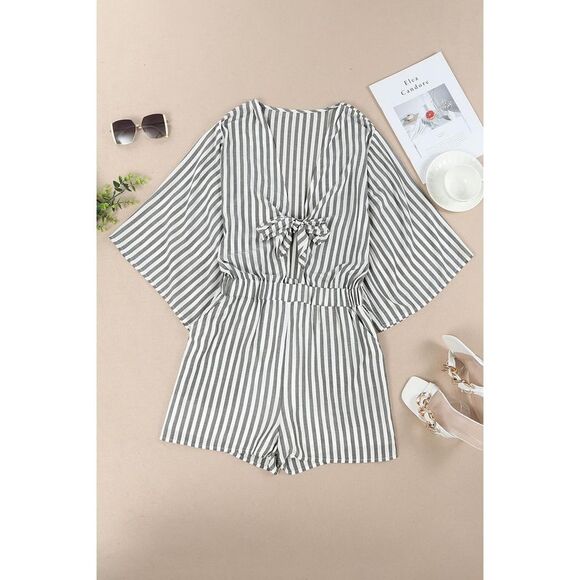 Azura Exchange  Wide Kimono Sleeves Tie Front Striped Romper with Pockets - Picture 8 of 8